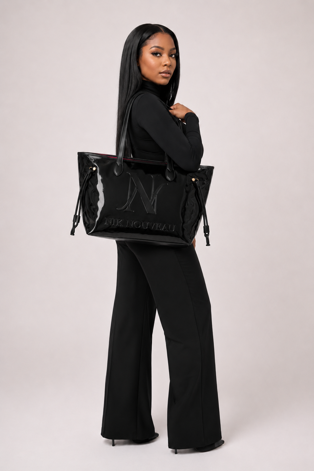 Signature Logo Patent Tote- Black w/ Pink Lining