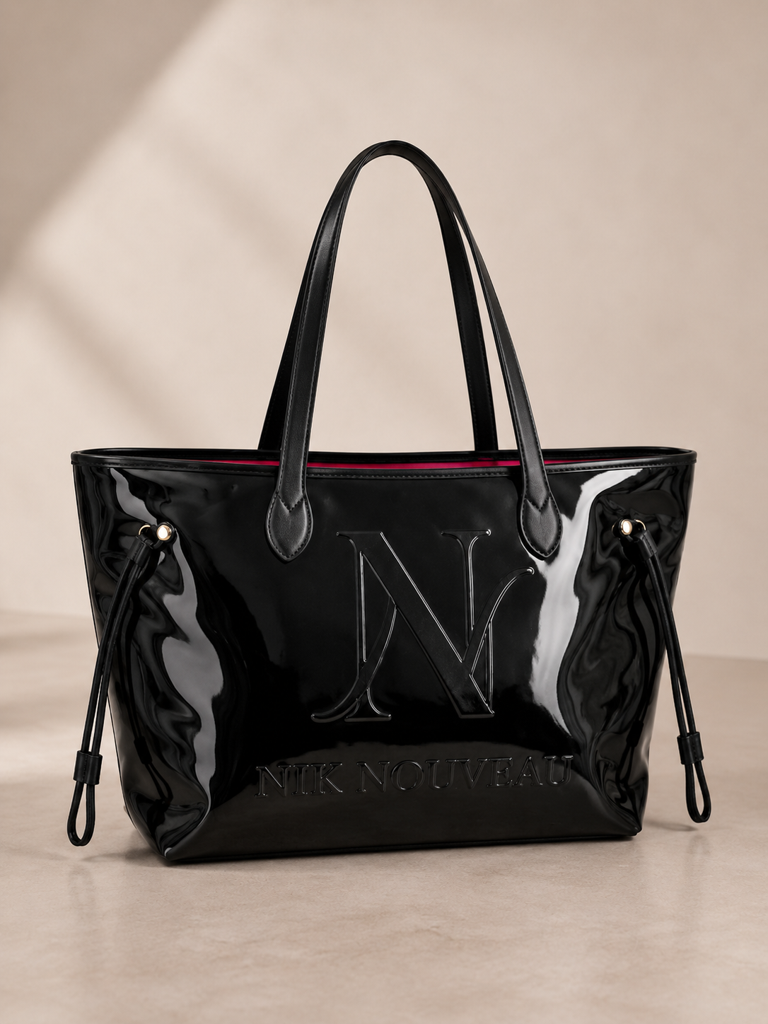 Signature Logo Patent Tote- Black w/ Pink Lining