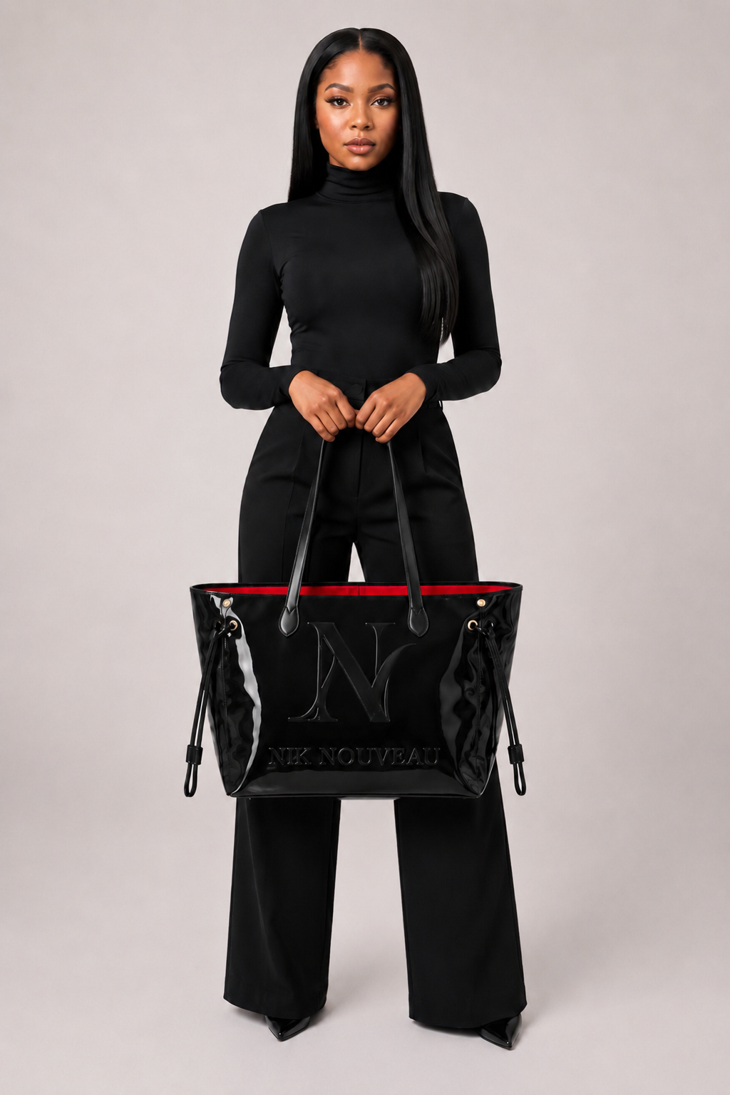 Signature Logo Patent Tote- Black w/ Red Lining