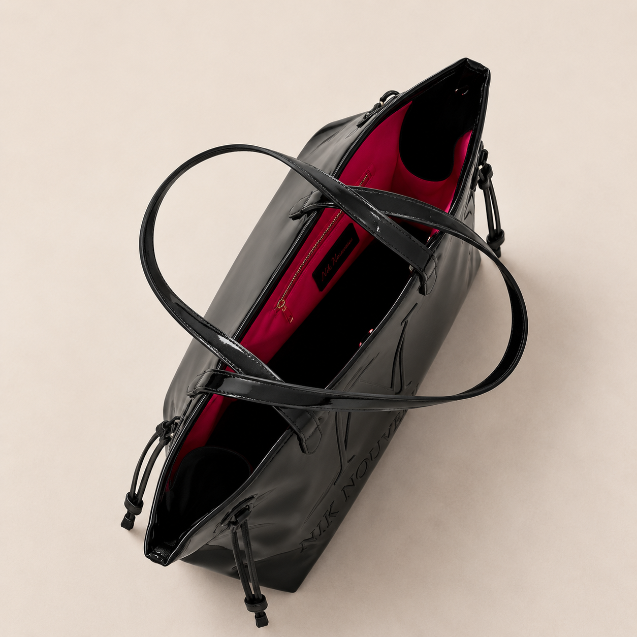 Signature Logo Patent Tote- Black w/ Pink Lining