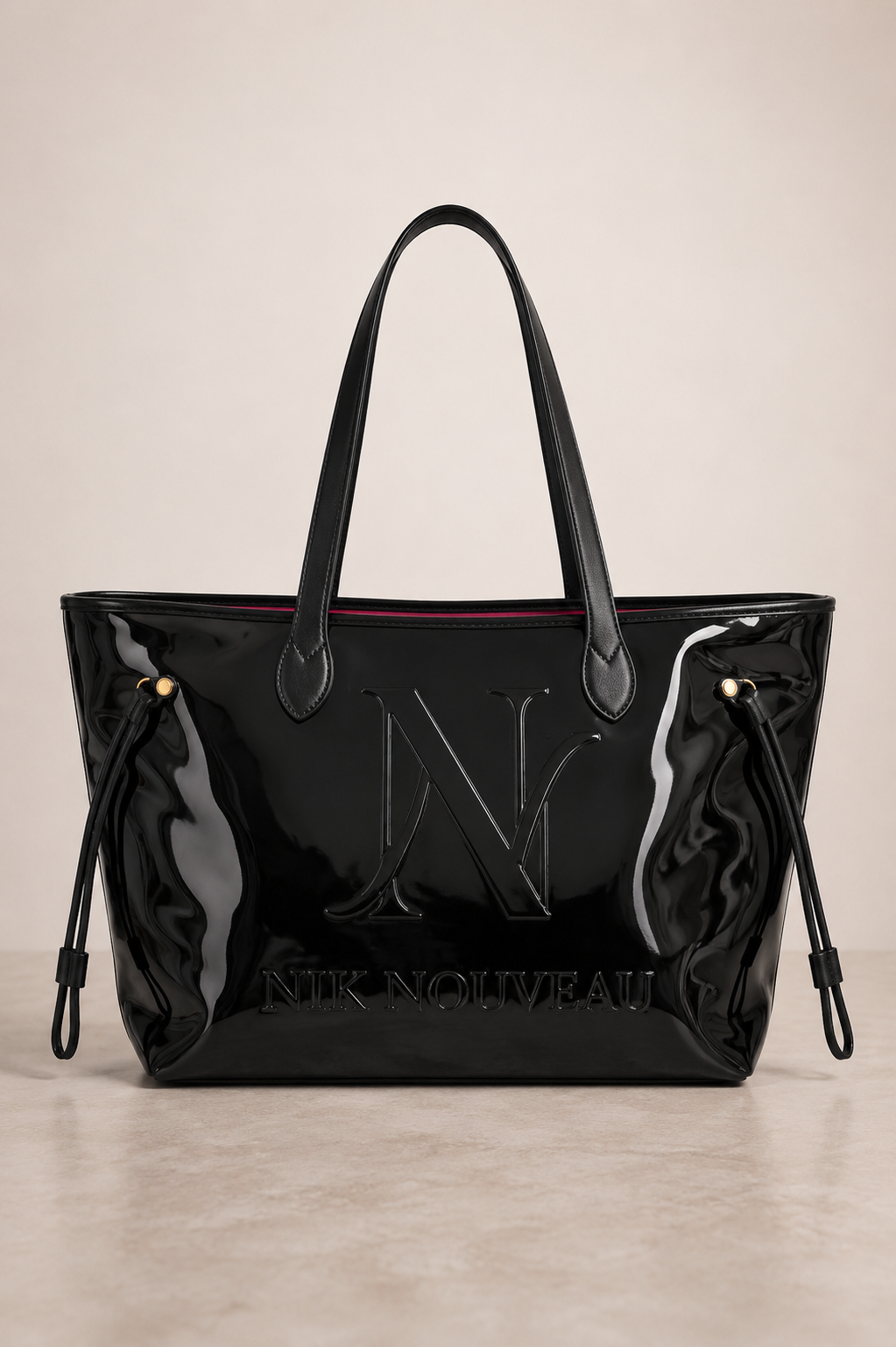 Signature Logo Patent Tote- Black w/ Pink Lining