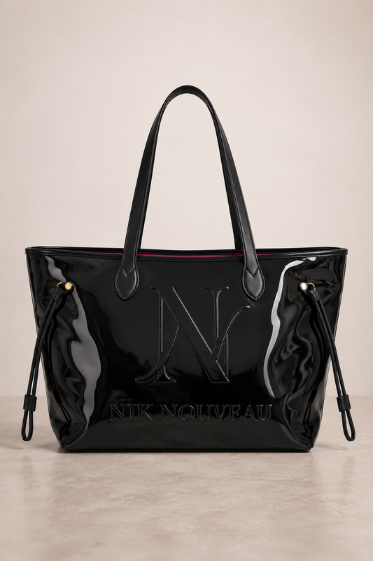 Signature Logo Patent Tote- Black w/ Pink Lining