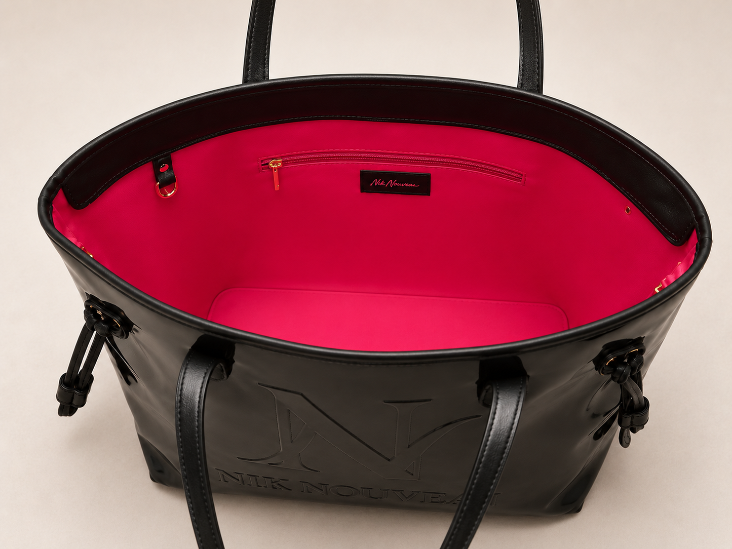 Signature Logo Patent Tote- Black w/ Pink Lining